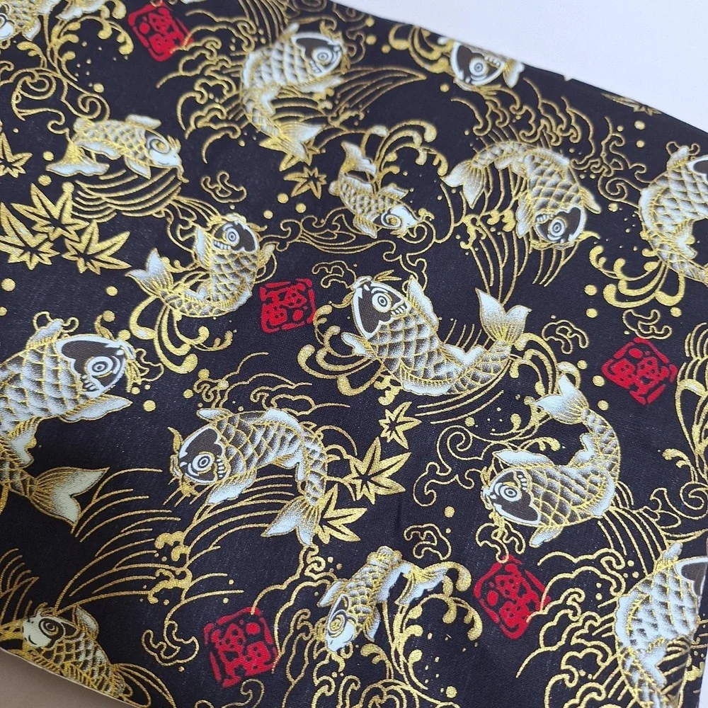 Black Gold Koi Fish Adhesive Fabric Lot 2 Fusible Iron-On Craft Pieces 29x14.5
